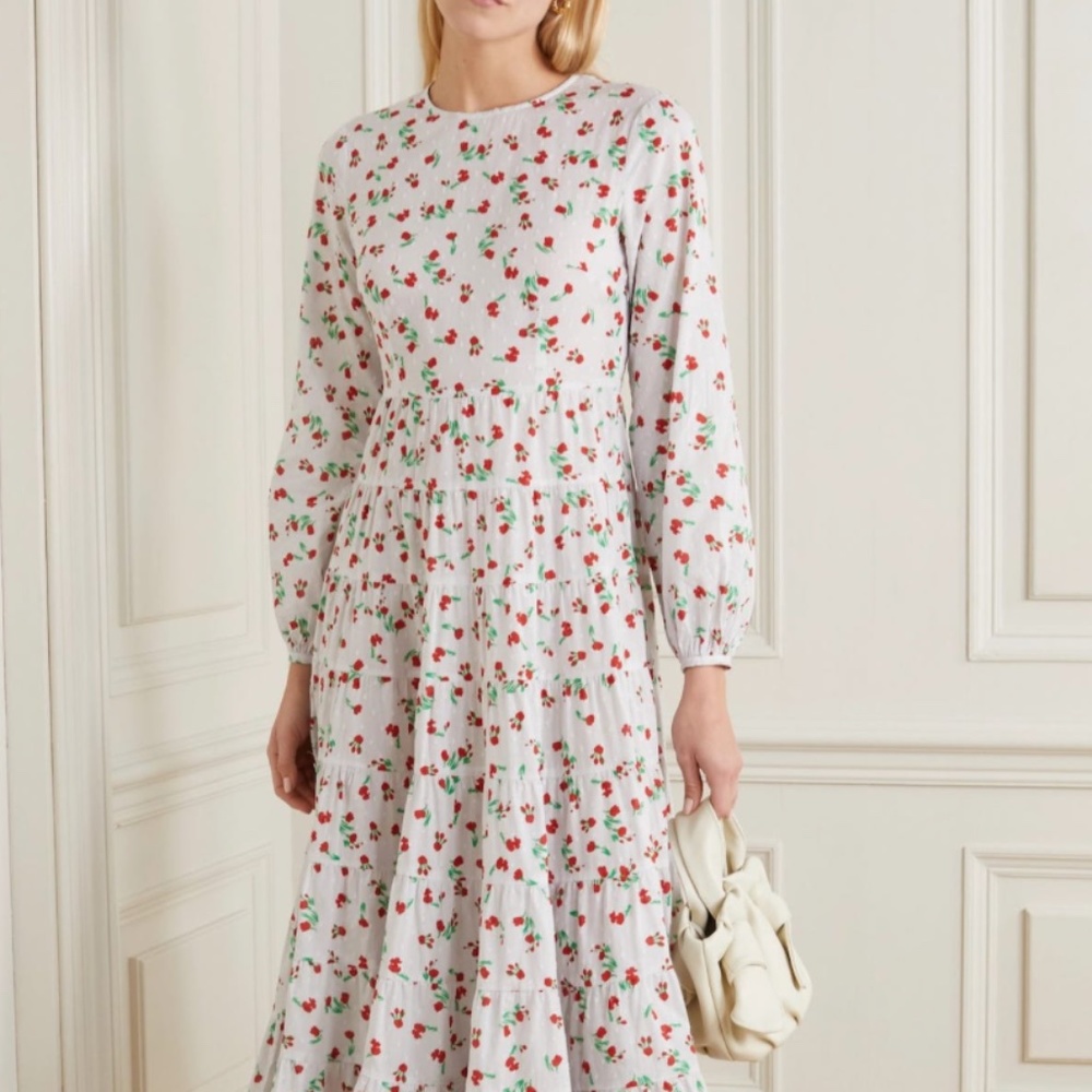 RIXO Pips Embroidered Floral Red White Green Buds Maxi Midi Dress Size Small